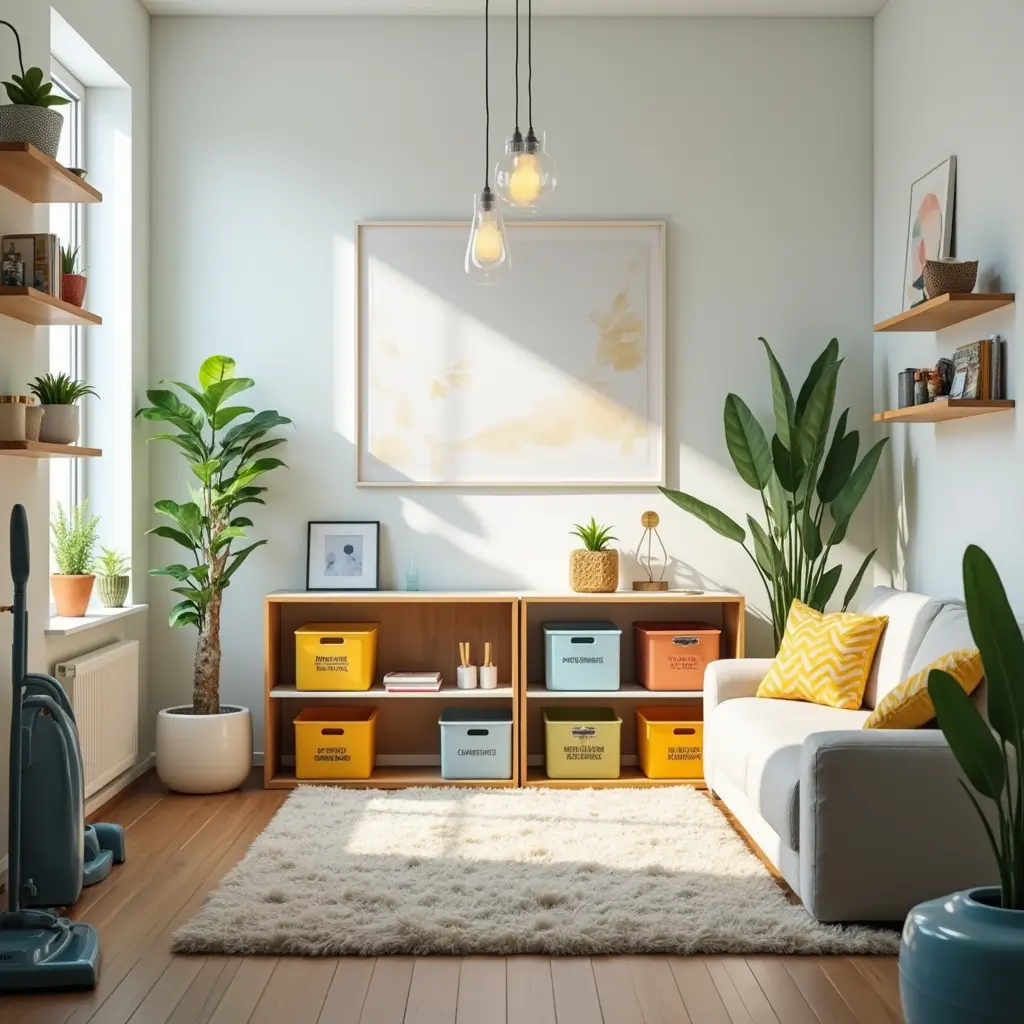 ADHD-friendly organized living room with clear surfaces, colorful storage bins, labeled shelves, and a calm, tidy atmosphere.