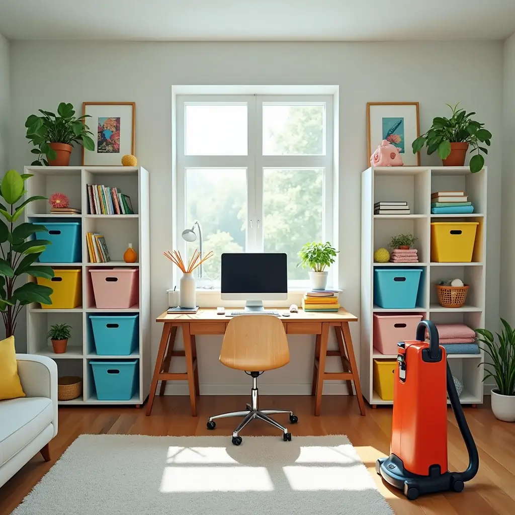 cleaning with adhd:Bright and clutter-free living room designed for ADHD cleaning strategies, featuring colorful bins, labeled storage, and a peaceful ambiance.