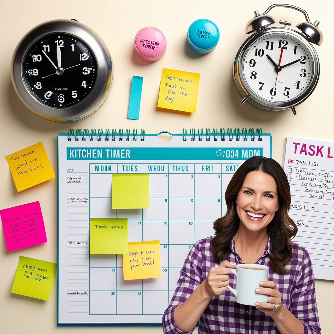 Woman smiling with a coffee cup, surrounded by calendars, sticky notes, and clocks, symbolizing ADHD management tools for organization and time focus.