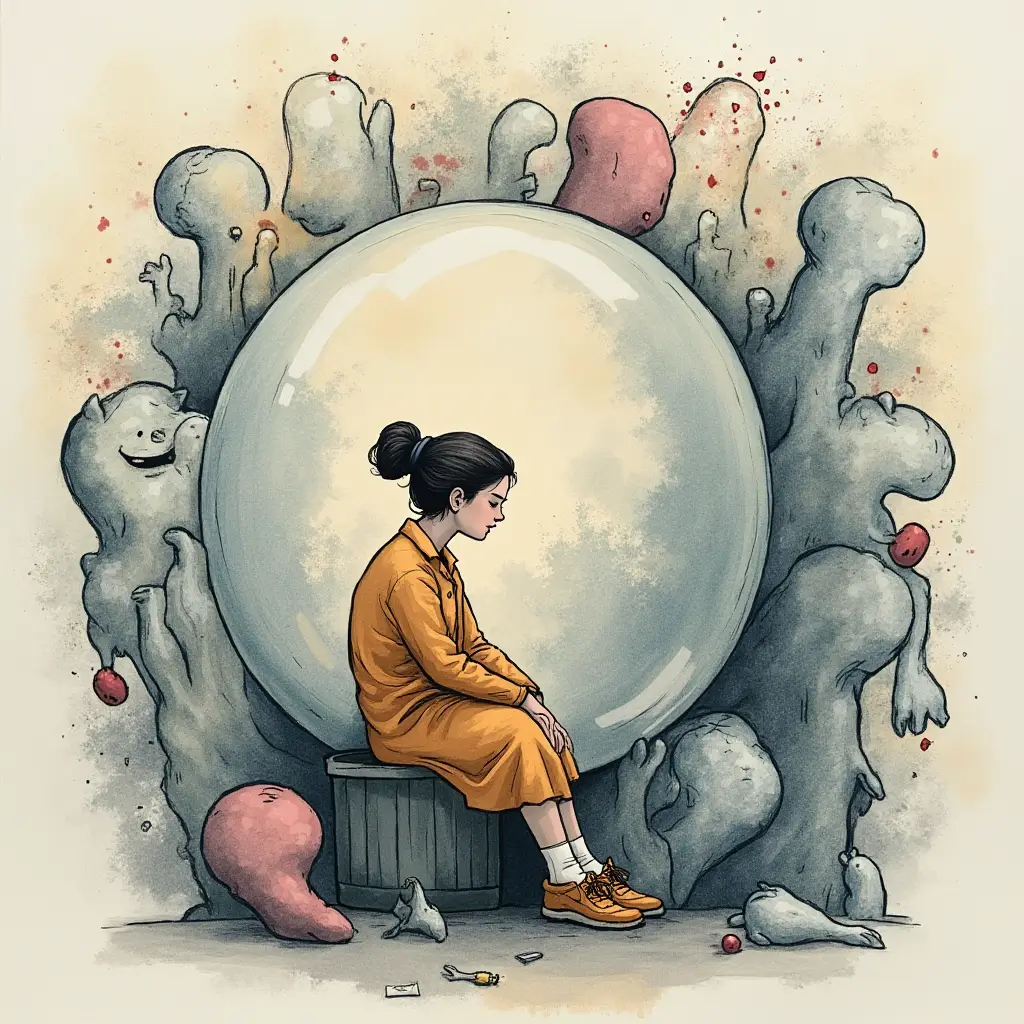 A symbolic illustration depicting a woman sitting in isolation within a transparent bubble, surrounded by abstract shapes symbolizing societal stigma and judgment.