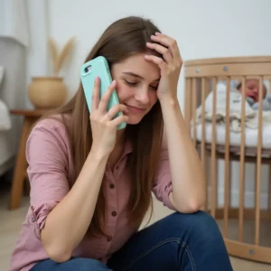 A tired and stressed mother sits on the floor next to a baby crib, holding her head with one hand and a phone in the other, illustrating the emotional overwhelm and the impact of hormonal influences on her well-being.