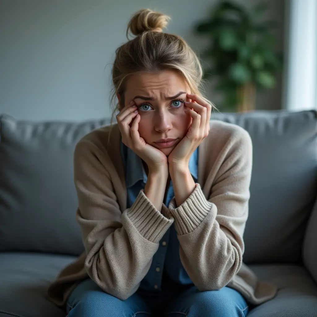 A concerned woman sitting on a couch, clasping her hands together, visibly affected by anxiety and emotional overwhelm.