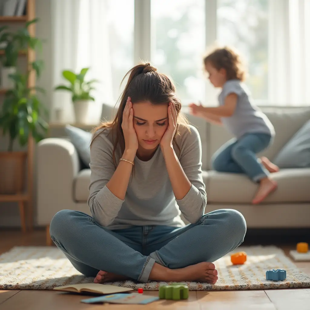 A stressed mother sits cross-legged on the floor with her hands on her head, overwhelmed, as a hyperactive child jumps on the couch, highlighting hyperactive behaviors.