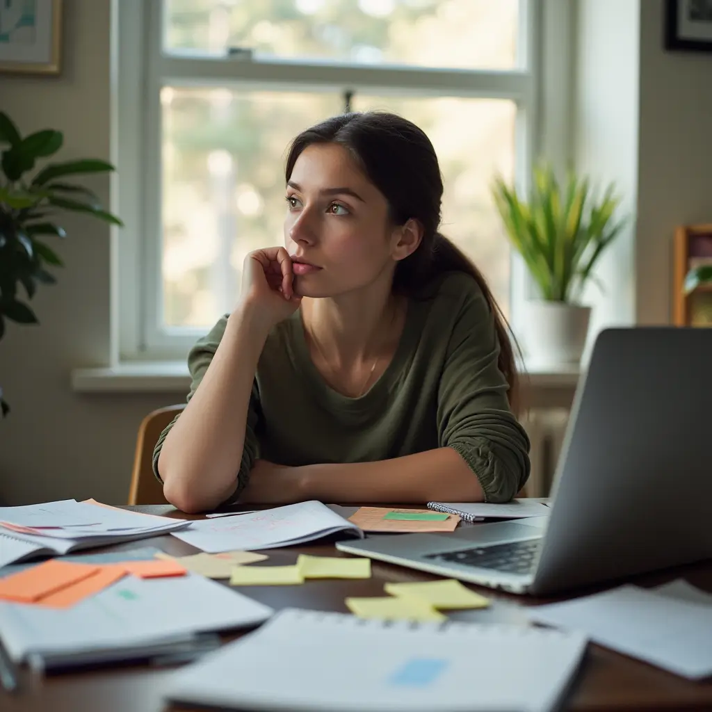 A young woman with a thoughtful, distracted expression sits at a cluttered desk with scattered papers, sticky notes, and a laptop, symbolizing struggles with inattention and overwhelm in managing daily tasks.