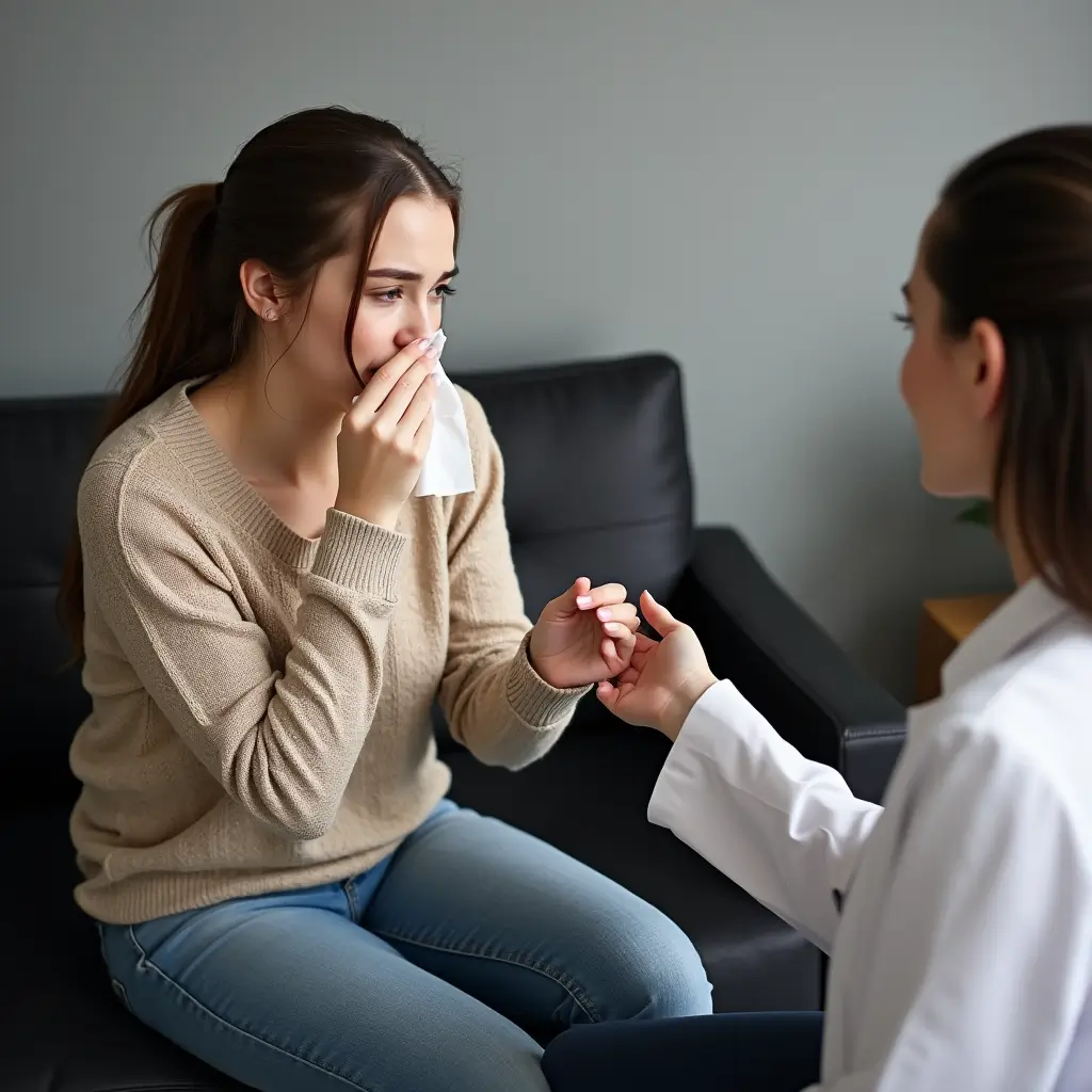 A distressed young woman holding a tissue sits on a black couch, receiving support from a professional in a white coat, symbolizing the emotional challenges of the ADHD diagnostic process.